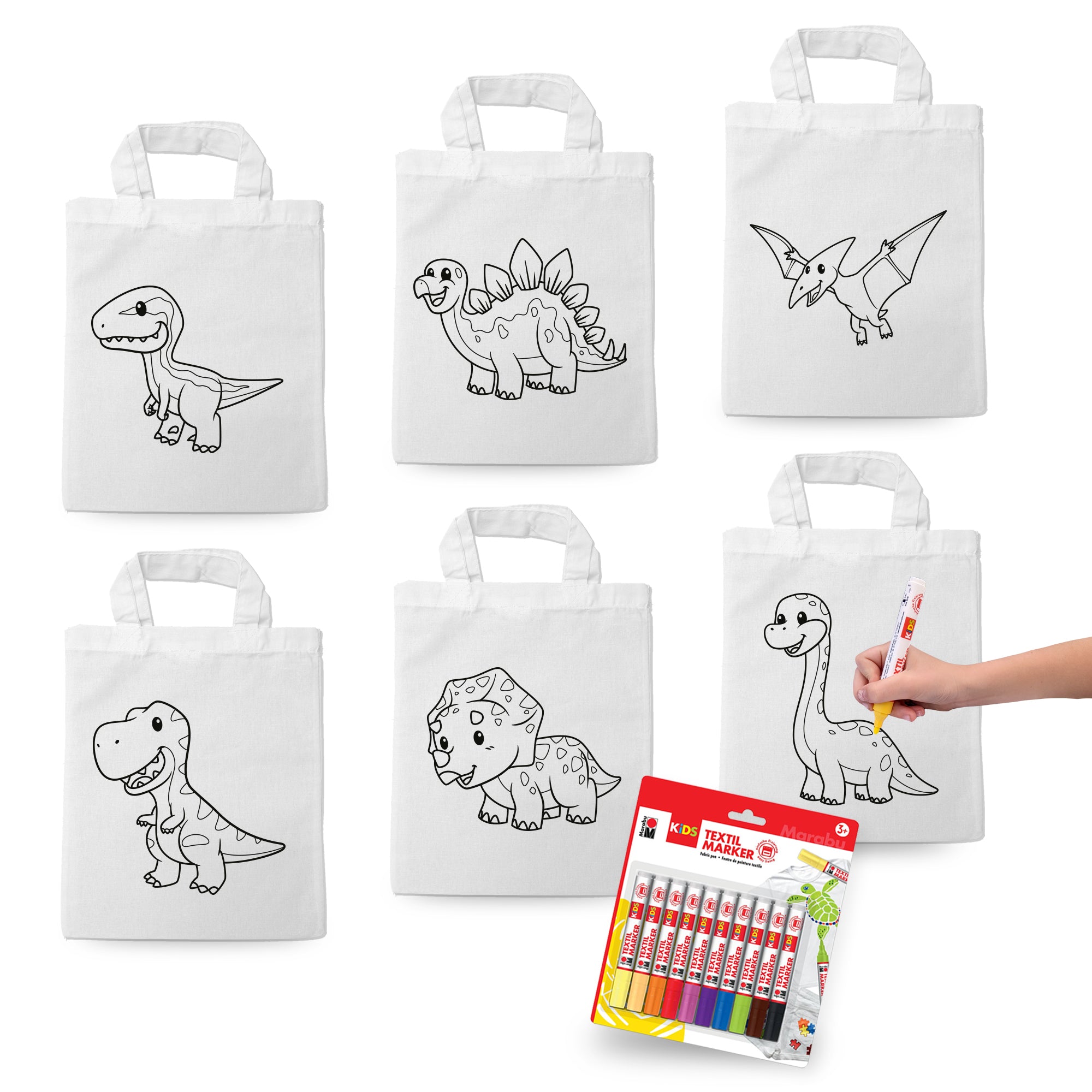 Ausmaltaschen Set "Dinosaurier" (6x Taschen inkl. 10 Textilstiften)