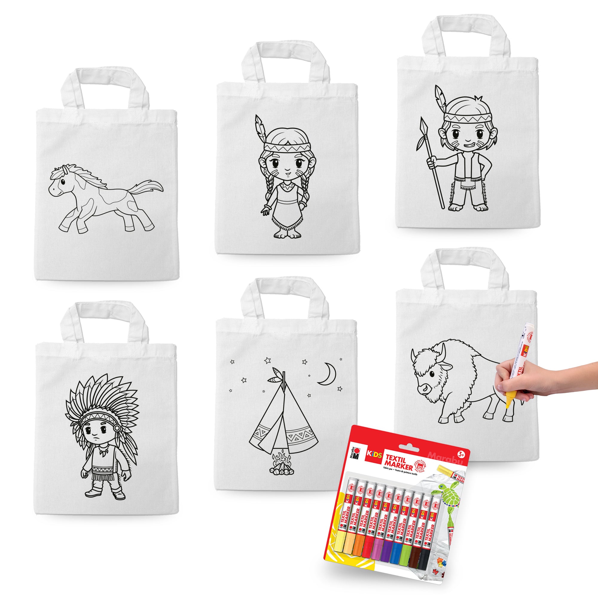 Ausmaltaschen Set "Indianer" (6x Taschen inkl. 10 Textilstiften)