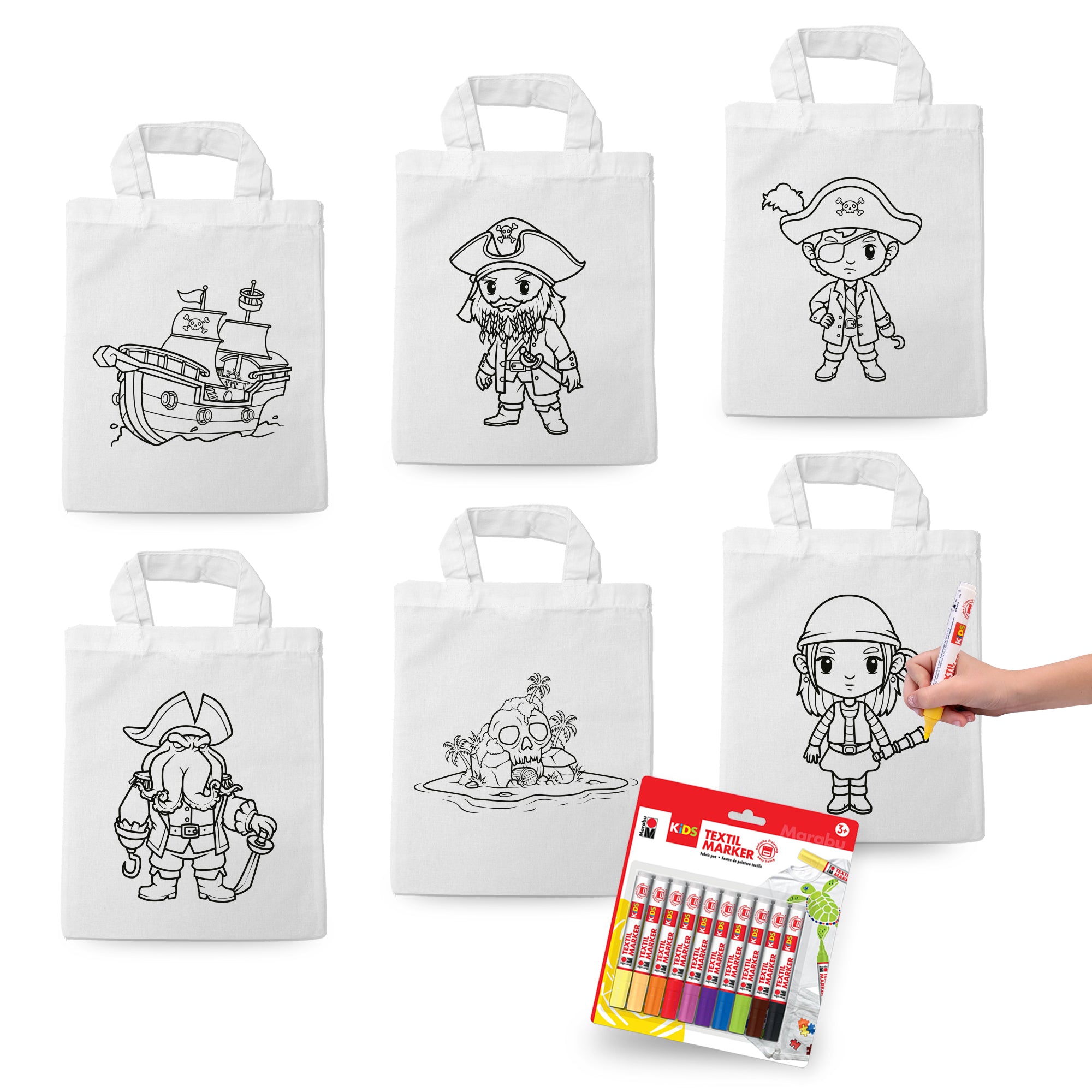 Ausmaltaschen Set "Piraten" (6x Taschen inkl. 10 Textilstiften)