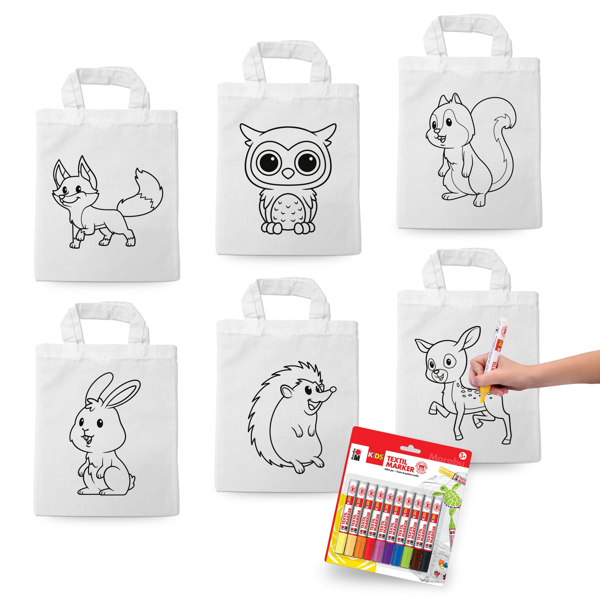 Ausmaltaschen Set "Waldtiere" (6x Taschen inkl. 10 Textilstiften)