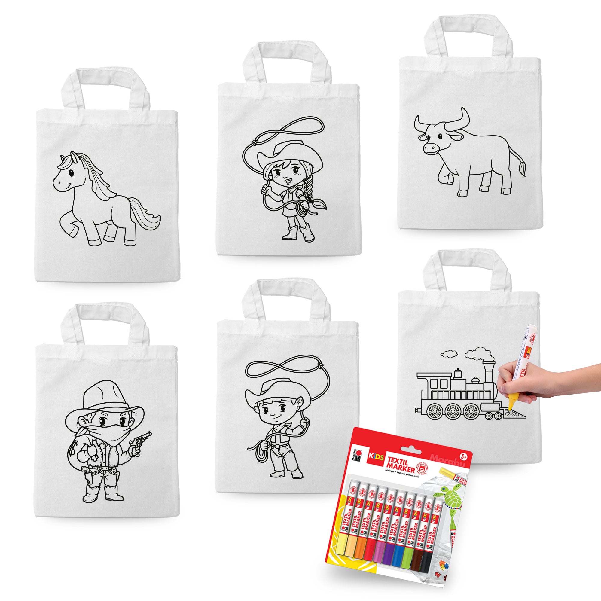 Ausmaltaschen Set "Wilder Westen" (6x Taschen inkl. 10 Textilstiften)