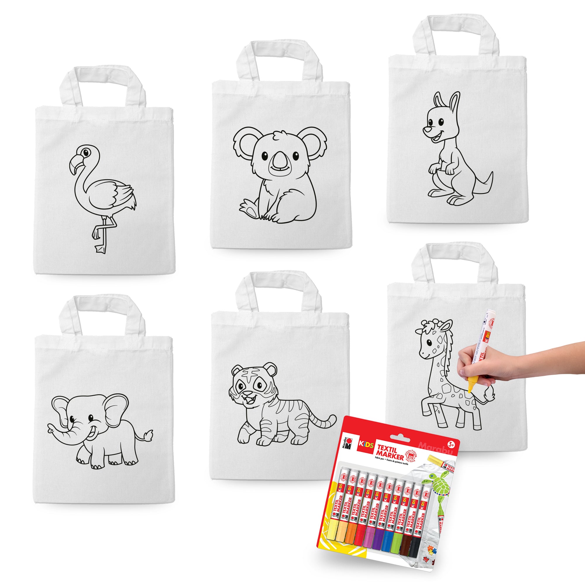 Ausmaltaschen Set "Zootiere" (6x Taschen inkl. 10 Textilstiften)